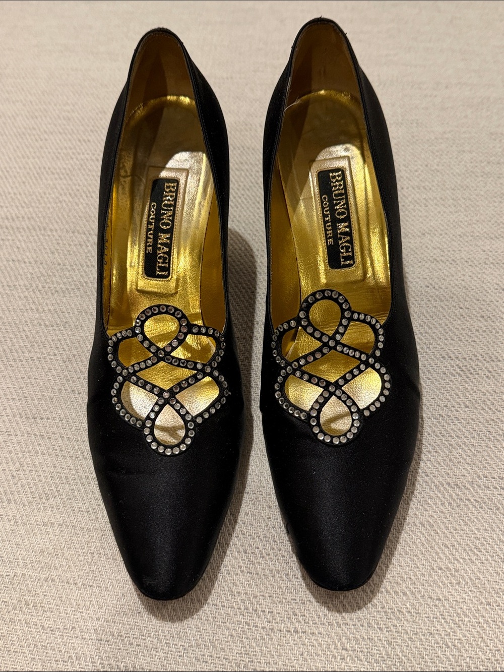 Vintage Bruno Magli Black Satin Couture hills size 8.5